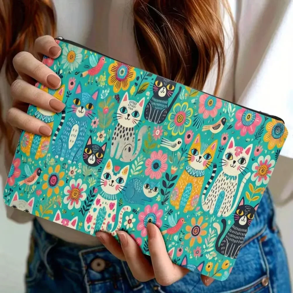 Multicolored Cats Birds Flowers on Turquoise Background Cosmetic Case NWT